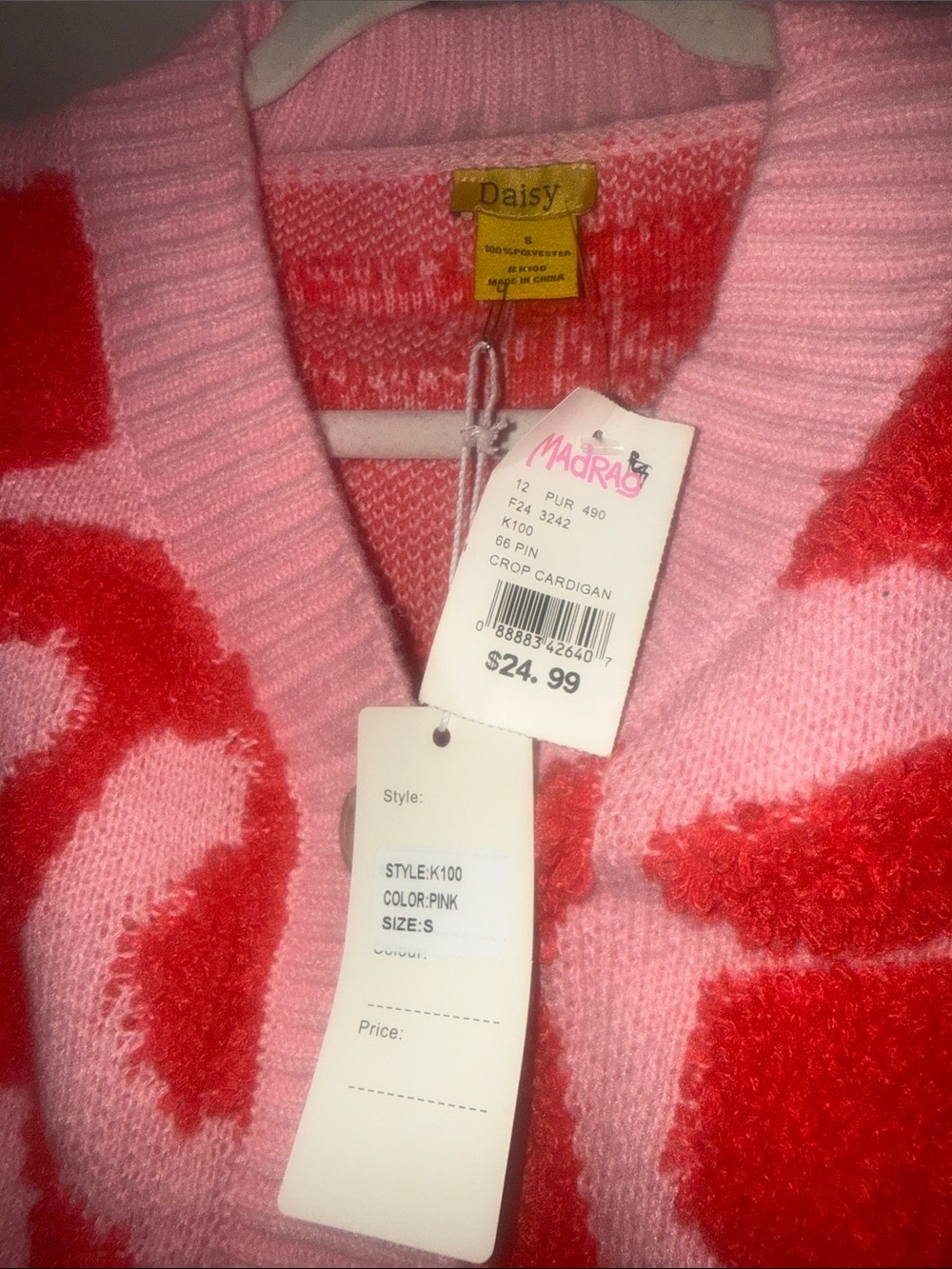 Daisy Pink Fuzzy Abstract Cropped Cardigan - Picture 3 of 4